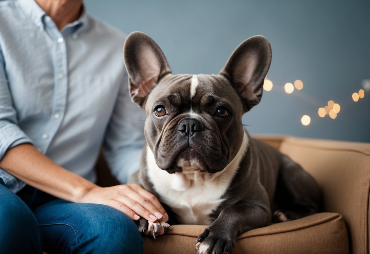 A French Bulldog sits calmly beside a person, providing comfort and companionship. The dog
