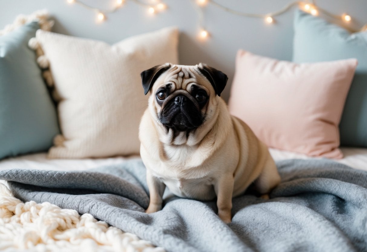 A pug sitting calmly on a cozy blanket, surrounded by calming elements like soft pillows and soothing colors