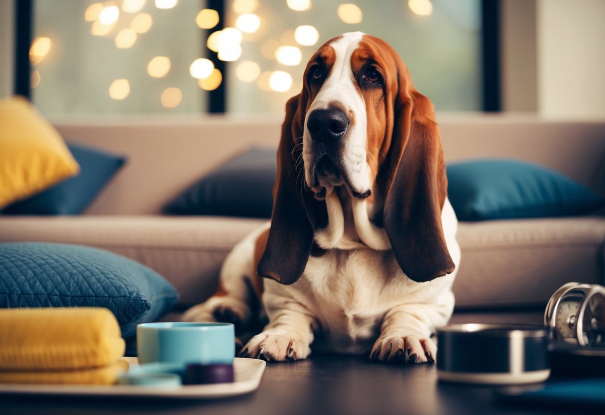 A content Basset Hound sits calmly among a variety of objects, exuding a sense of comfort and relaxation