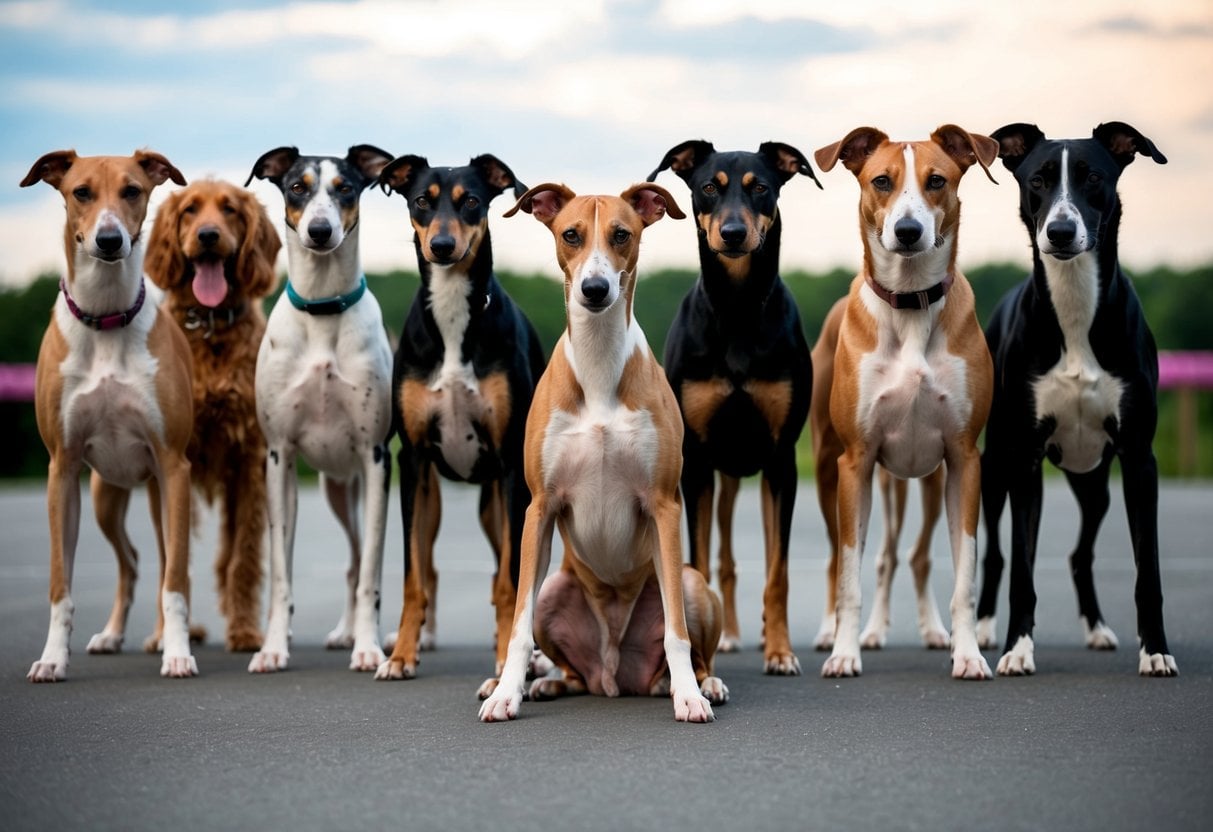 A greyhound sits calmly, surrounded by 19 other dog breeds. The dogs are all facing forward, with the greyhound in the center, exuding a sense of calm and tranquility