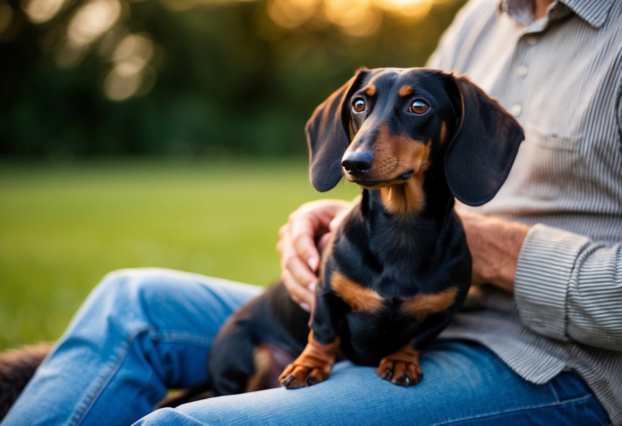 A dachshund calmly sitting beside a person, providing comfort and companionship