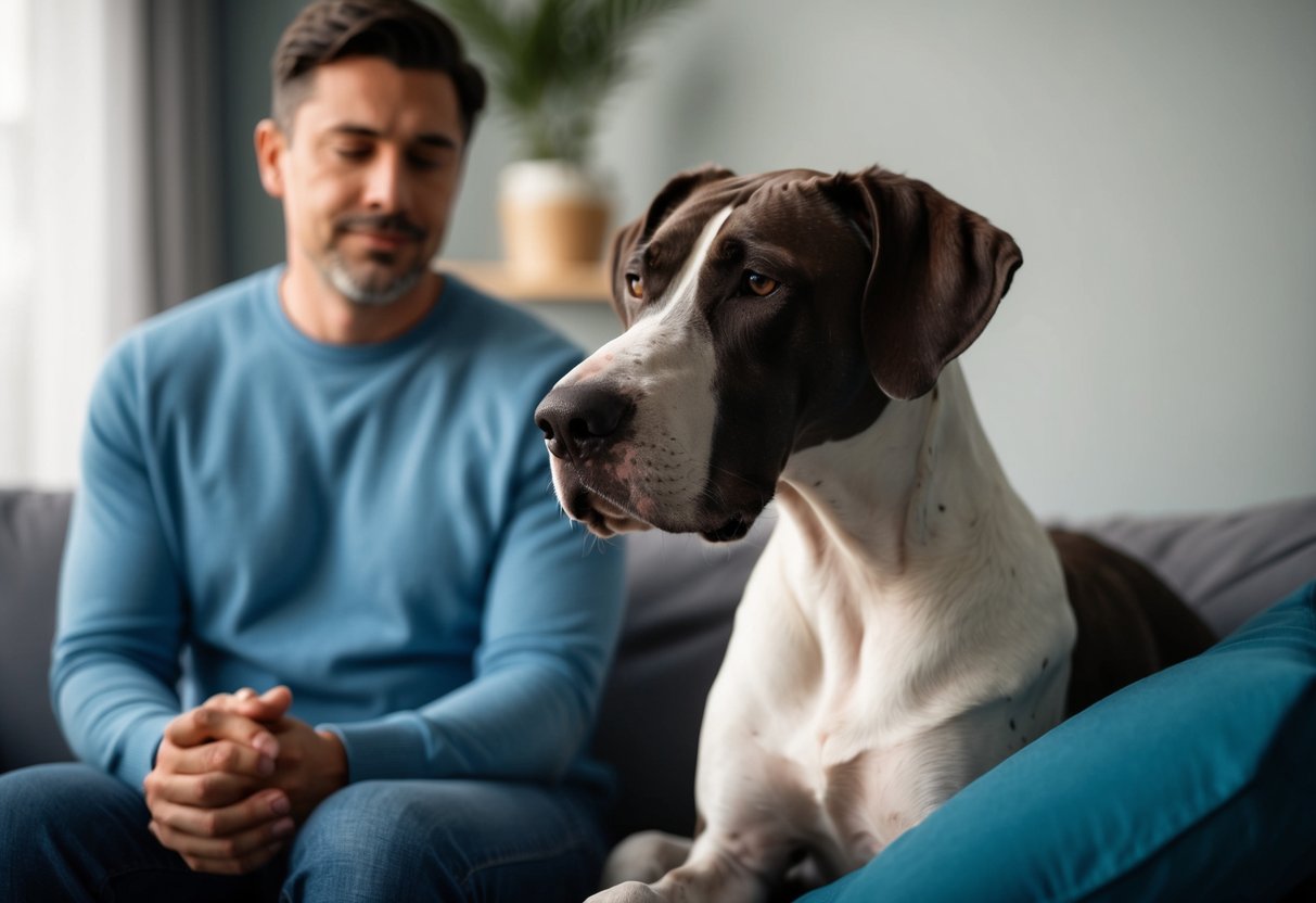 A serene Great Dane sits beside a person, providing comfort and companionship in a calming environment