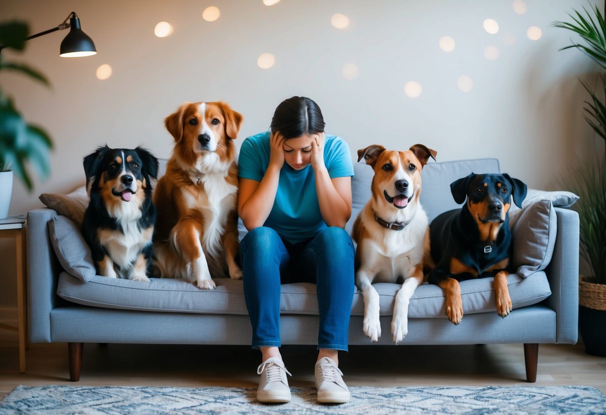 A person sitting on a couch, surrounded by various dog breeds. The person looks anxious while the dogs provide comfort and support