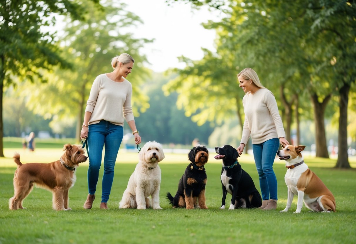 A peaceful park setting with various dog breeds interacting with their owners. Each dog is depicted with unique characteristics that convey a sense of comfort and companionship
