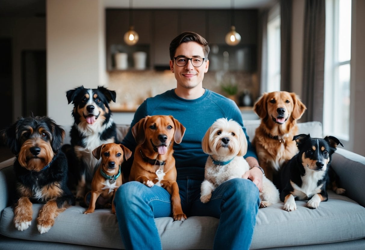 A person sitting on a couch, surrounded by a variety of dog breeds, each providing comfort and support