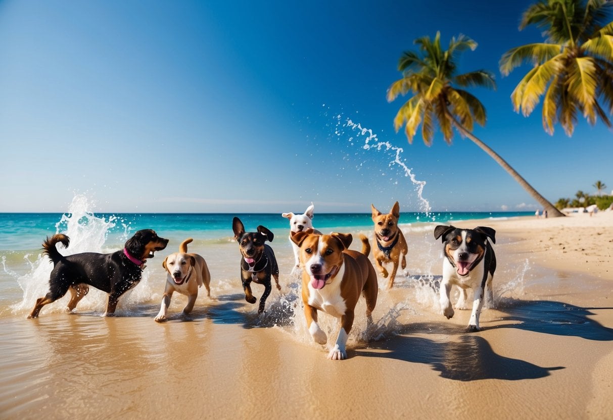 A sunny beach with 20 different dog breeds playing in the sand and splashing in the water, surrounded by palm trees and clear blue skies