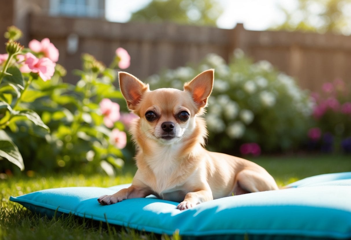 A Chihuahua lounges in a sunny backyard, surrounded by blooming flowers and basking in the warm weather