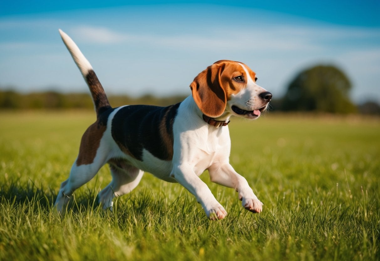A beagle frolicking in a sunny, grassy field with a clear blue sky and a warm breeze