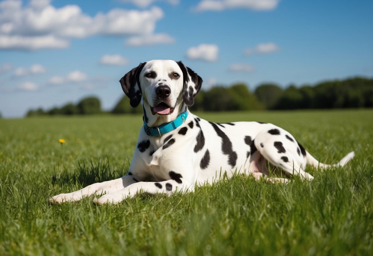 A Dalmatian dog lounging in a sunny, open field with blue skies and green grass