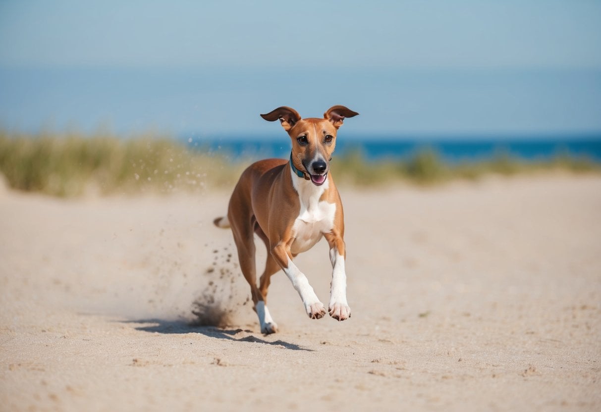 A Whippet dog running on a sandy beach, with the sun shining and a clear blue sky in the background