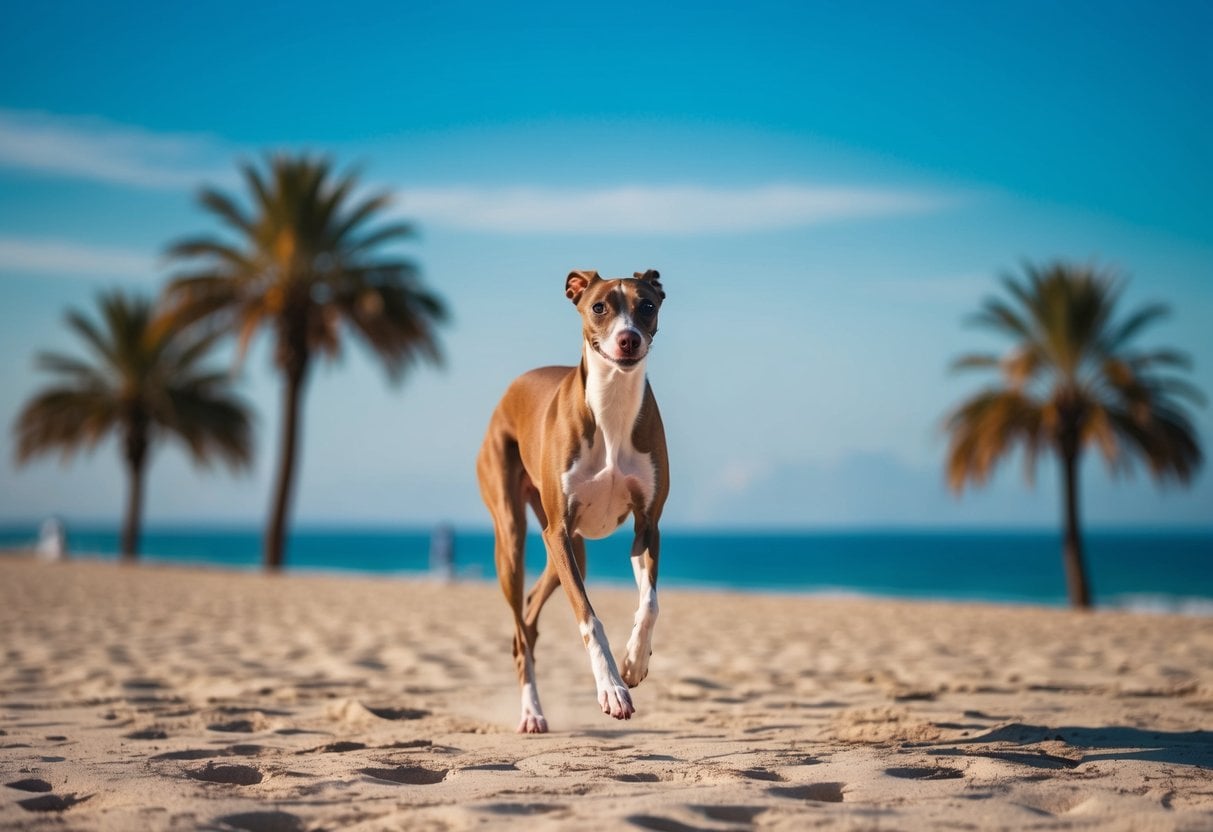 An Italian Greyhound running on a sunny beach, with palm trees in the background and a clear blue sky overhead