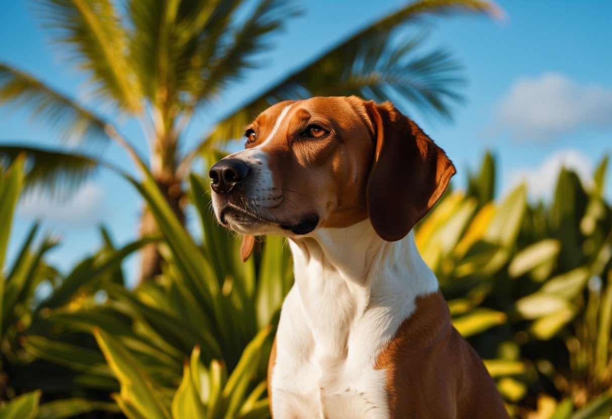 A Basenji dog basking in the warm sunlight, surrounded by tropical foliage and a clear blue sky