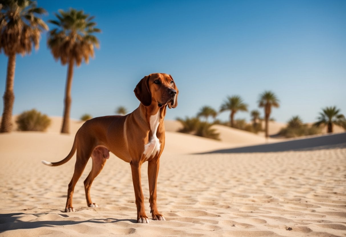 A Pharaoh Hound stands proudly in a sunny, sandy desert landscape, with clear blue skies and palm trees in the background