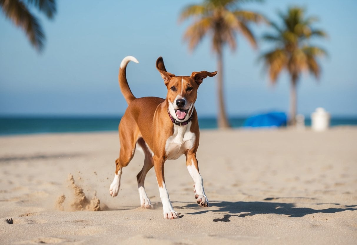 An Ibizan Hound running on a sandy beach with palm trees and clear blue skies in the background