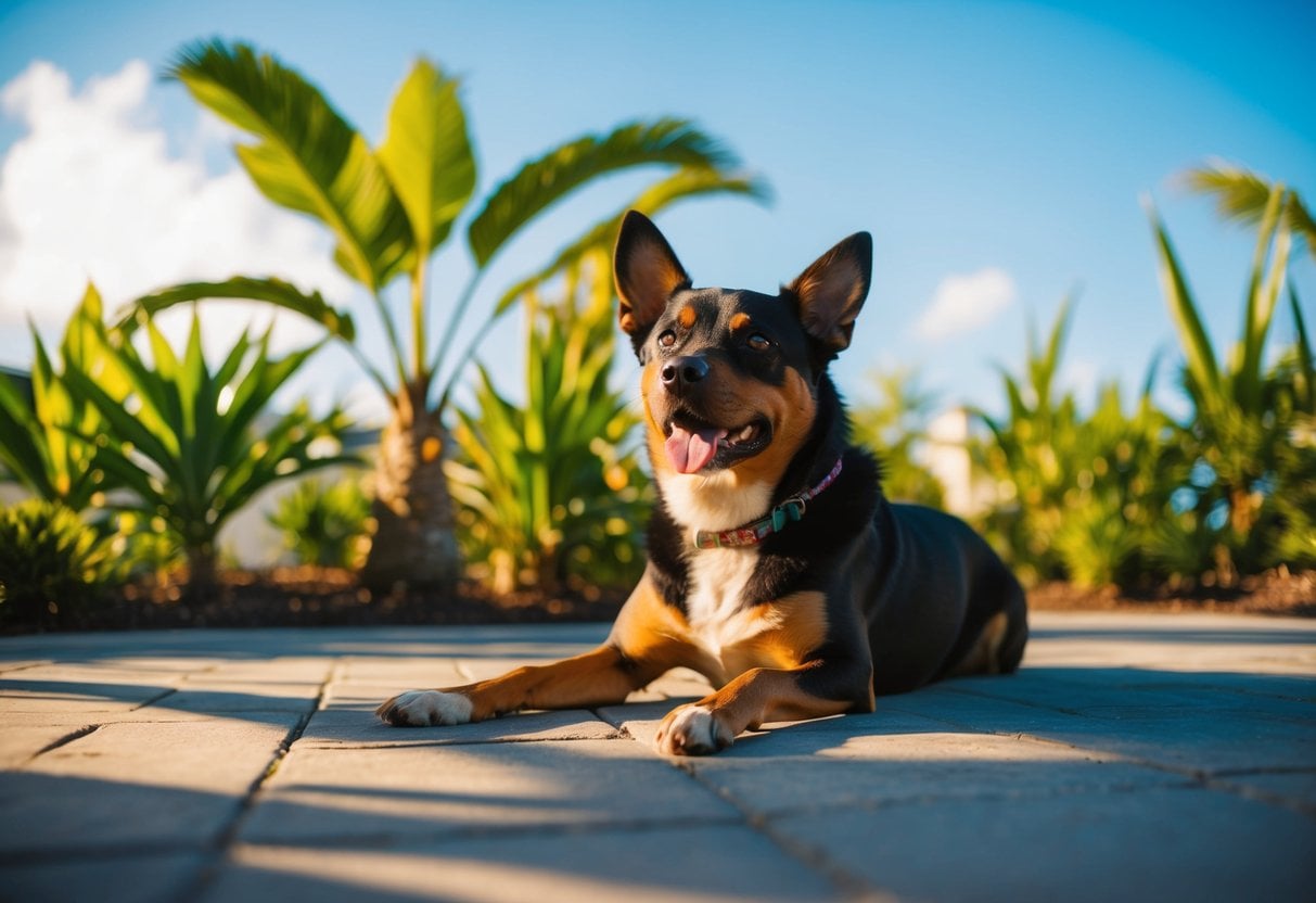 A Xoloitzcuintli dog basking in the warm sun, surrounded by tropical plants and a clear blue sky