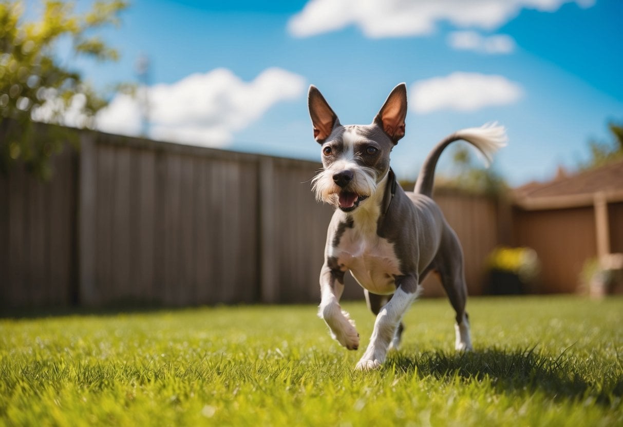 An American Hairless Terrier playing in a sunny, grassy yard with blue skies and a warm breeze
