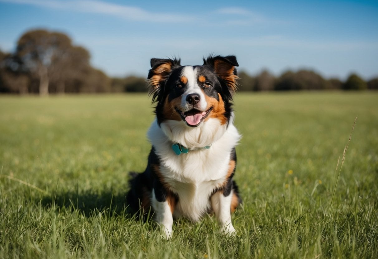 An Australian Cattle Dog enjoying a sunny day in a grassy field, with clear blue skies and a warm breeze