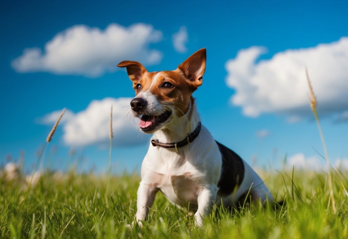 A Rat Terrier enjoying a sunny day in a grassy field, with a clear blue sky and a few fluffy white clouds in the background