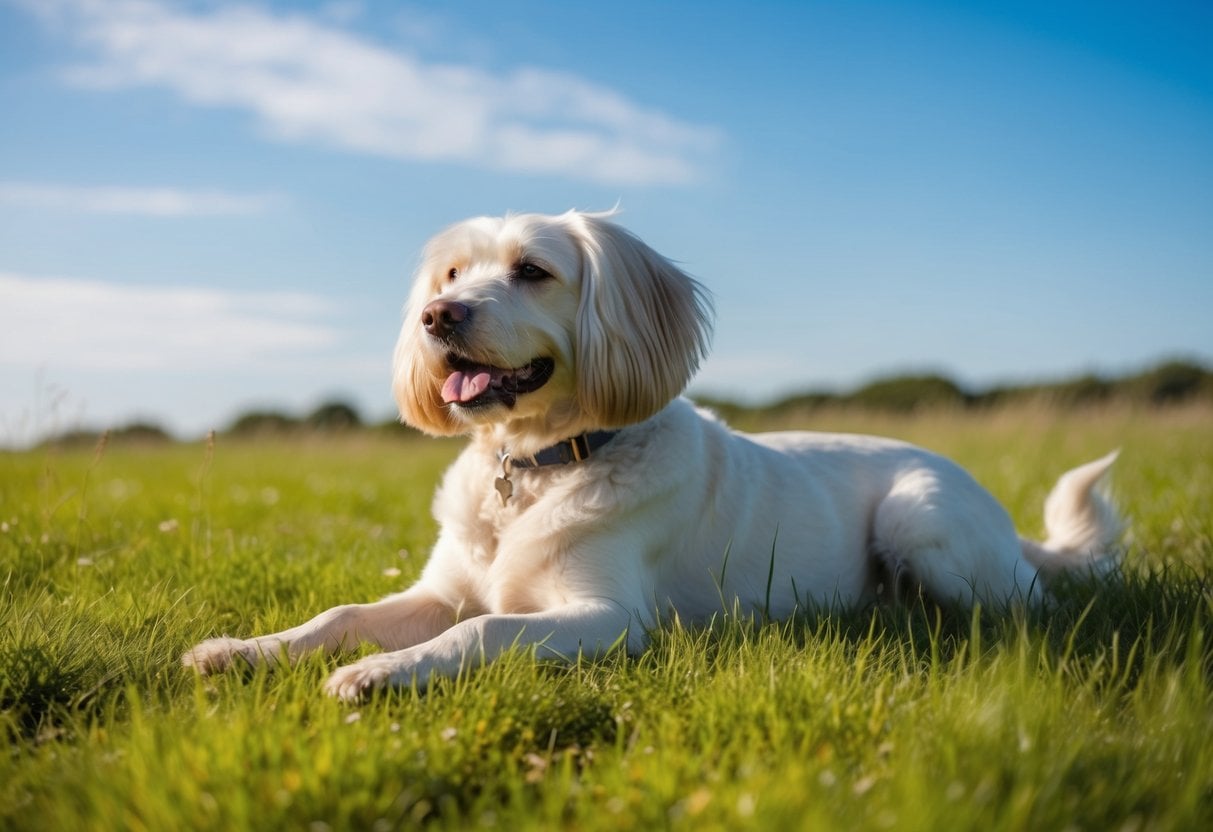 An Italian Spinone dog lounges in a sunny, grassy field with a clear blue sky overhead. The dog is relaxed and content, with a gentle breeze ruffling its fur