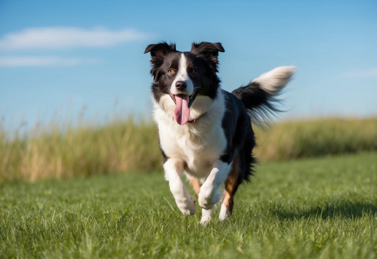 A Border Collie running through a sunny field, tongue out, with a clear blue sky and lush green grass in the background