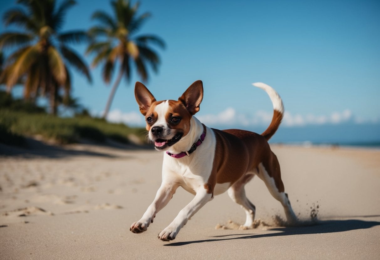 A Peruvian Inca Orchid dog running on a sandy beach with palm trees and a clear blue sky in the background