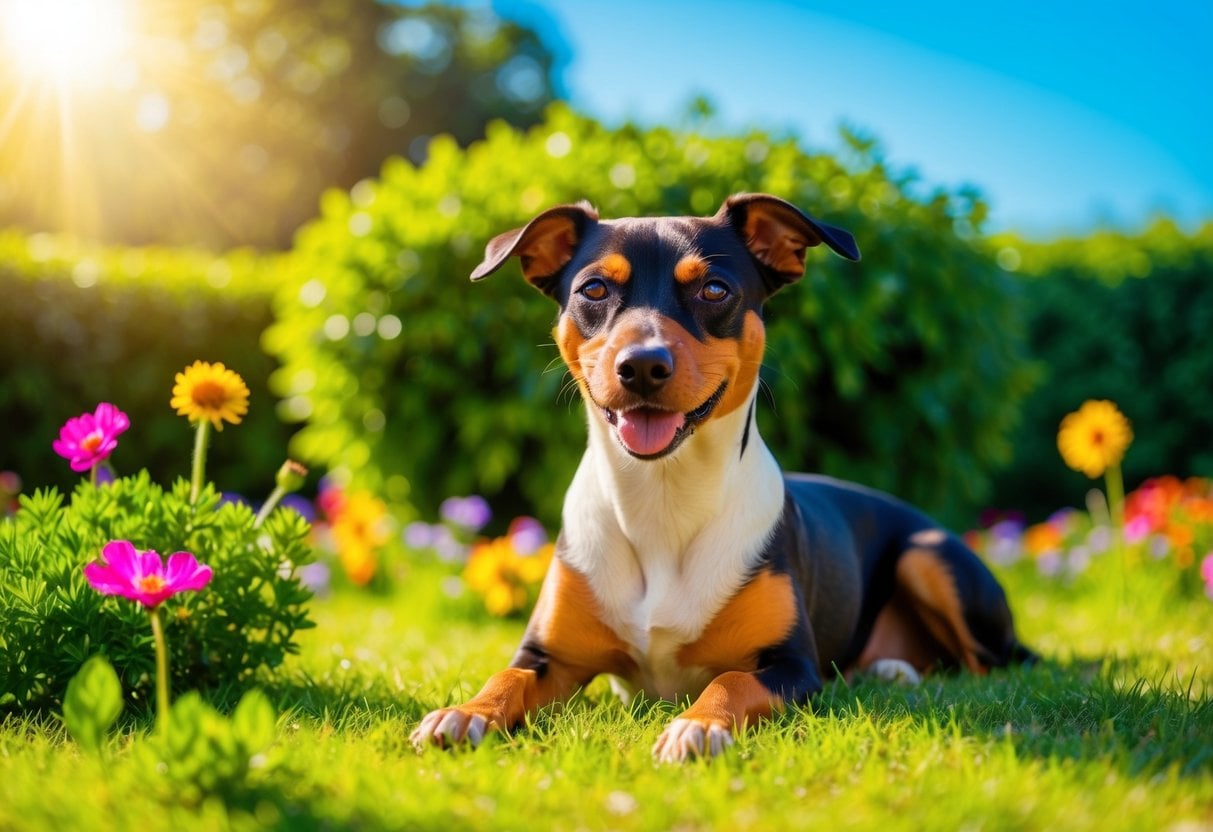 An Affenpinscher dog basking in the warm sunlight, surrounded by lush greenery and colorful flowers, with a bright blue sky in the background