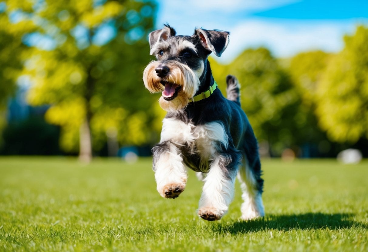 A Miniature Schnauzer is playing in a sunny, green park. The dog is happily running and jumping, with a bright blue sky in the background