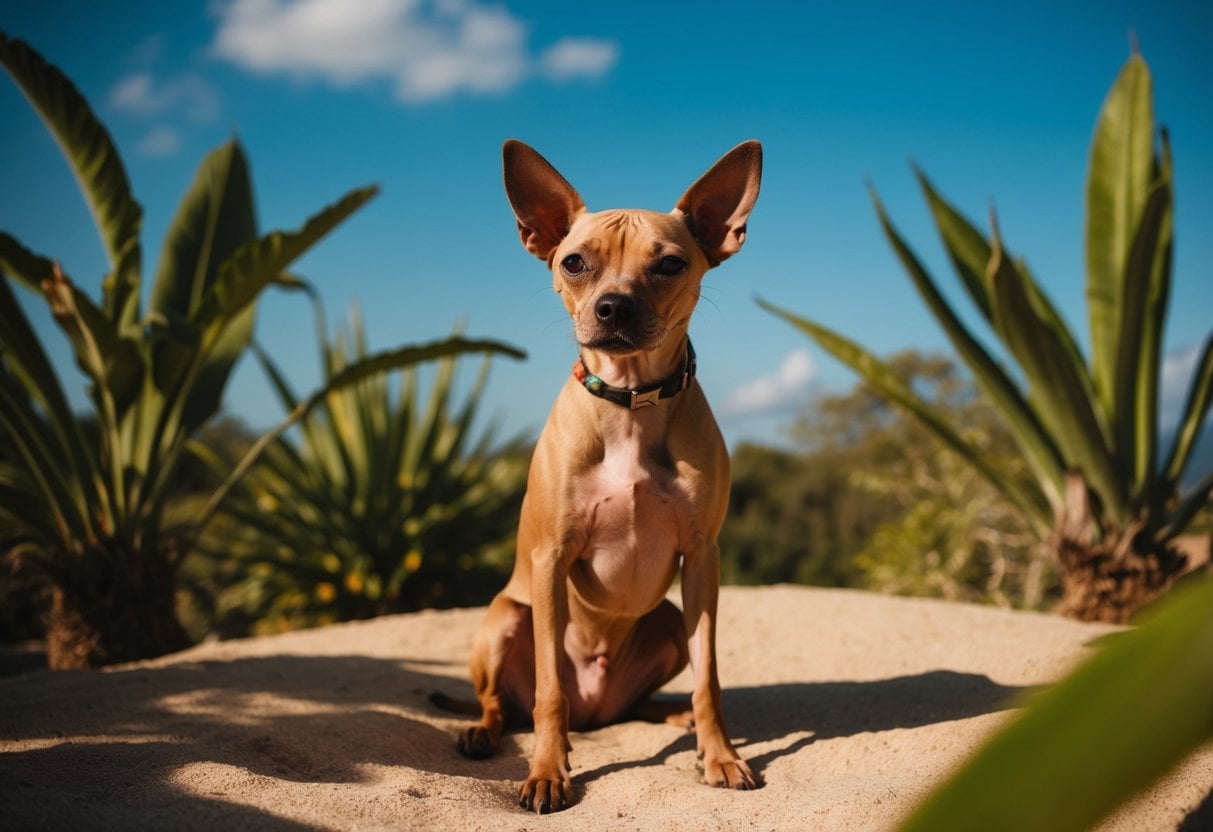 A Mexican Hairless Dog basking in the warm sun, surrounded by tropical plants and a clear blue sky