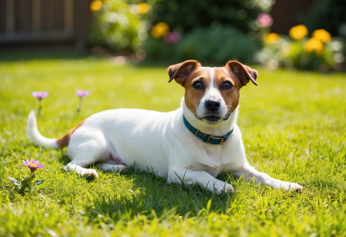 A Jack Russell Terrier lounges in a sunny backyard, surrounded by green grass and vibrant flowers. The dog looks content and relaxed, enjoying the warm weather