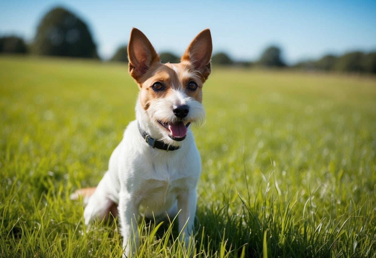 A Smooth Fox Terrier enjoying a sunny day in a grassy field, with a clear blue sky and a warm breeze
