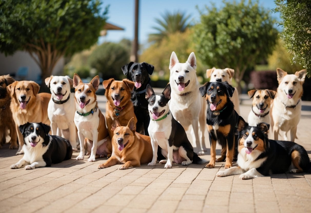 A group of 20 dog breeds, varying in size and color, enjoying a sunny day in a warm climate. Some are lounging in the shade, while others are playing and exploring the outdoor environment