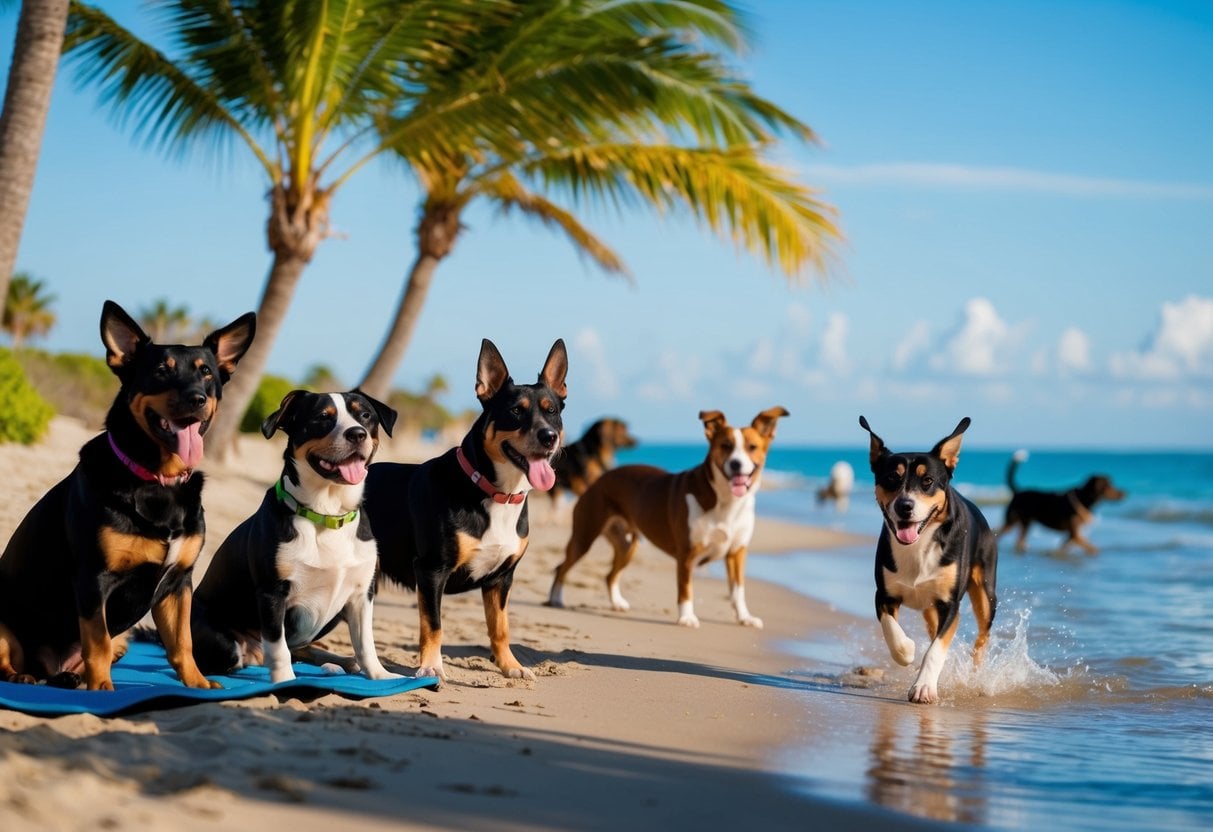 A sunny beach with dogs of various breeds enjoying the warm weather. Some are lounging in the shade, while others are playing in the water. Palm trees and clear blue skies complete the scene