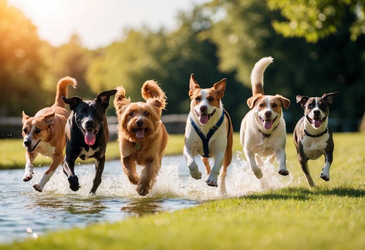 A group of 20 different dog breeds engaging in various warm weather activities, such as running, swimming, and playing fetch in a sunny outdoor setting