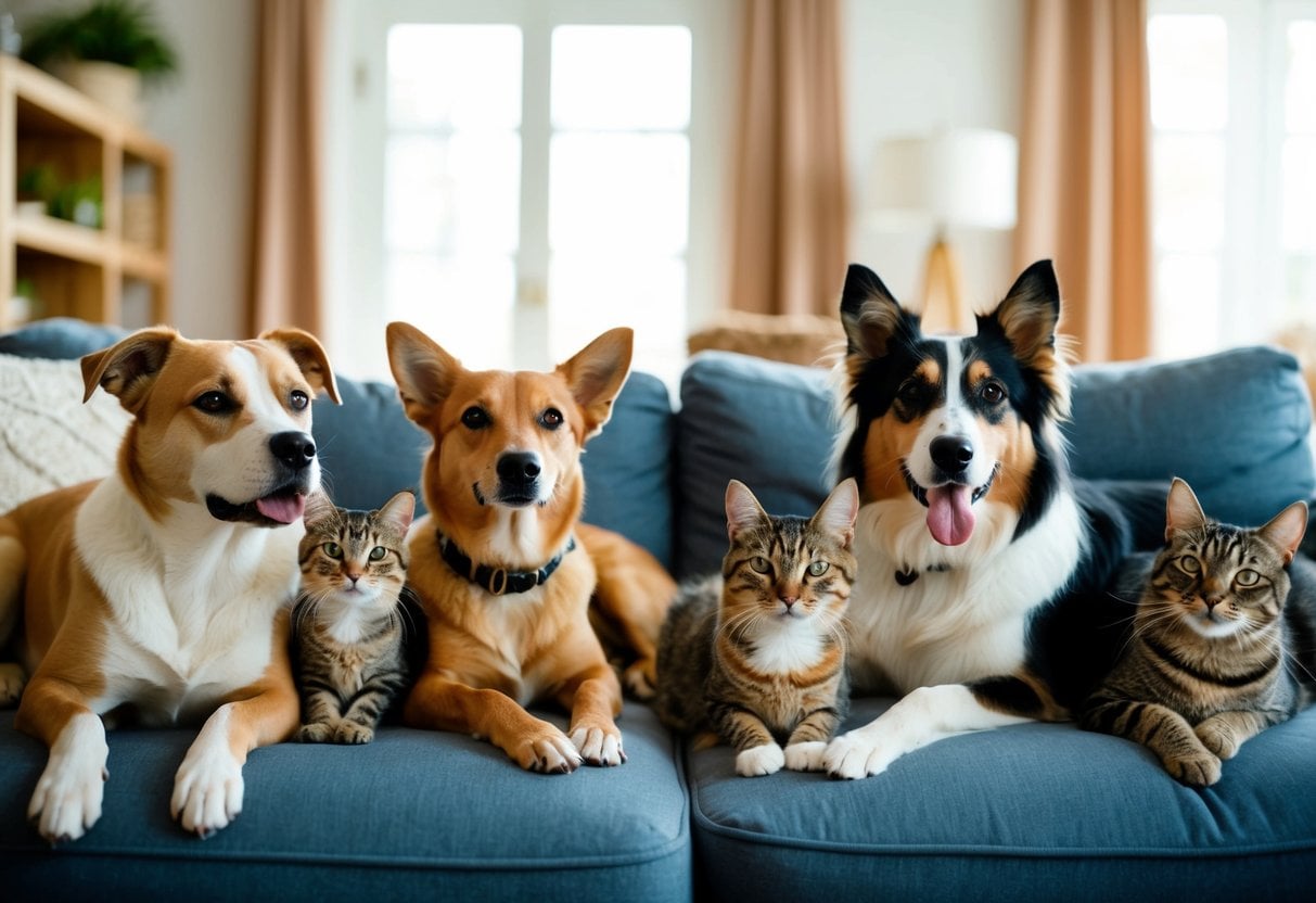 Dogs and cats peacefully coexisting in a cozy living room, with various breeds lounging together