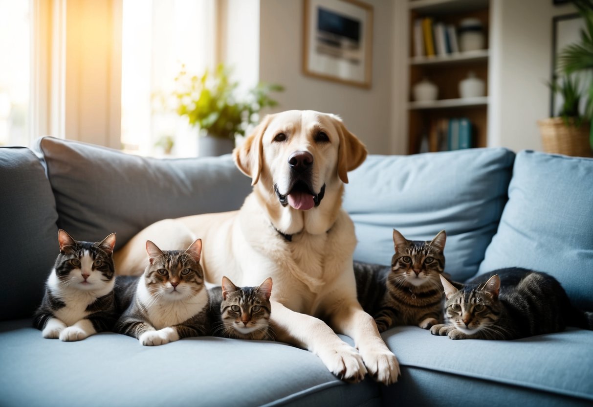 A Labrador Retriever peacefully coexists with a group of cats, lounging together in a cozy living room