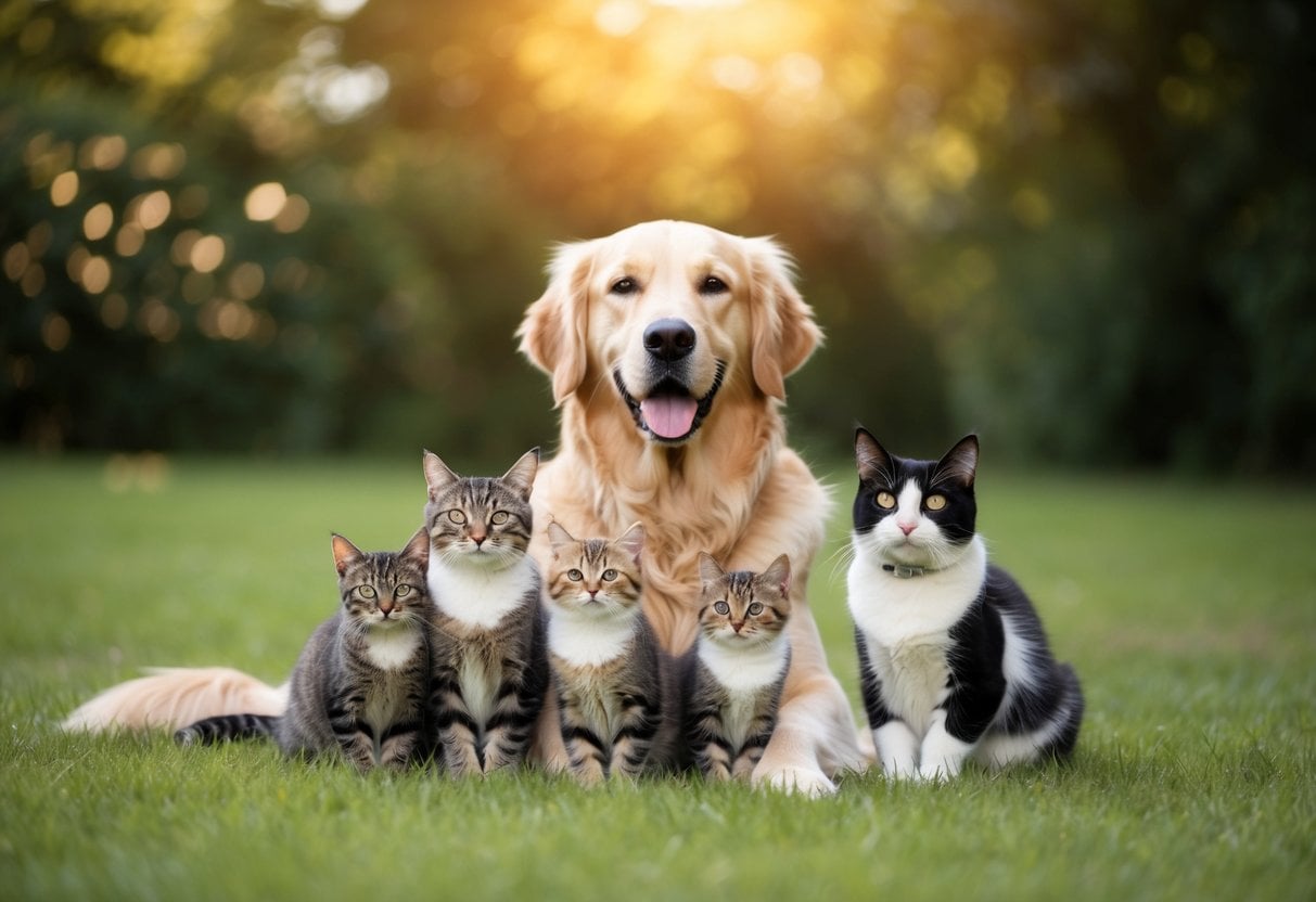 A Golden Retriever peacefully coexists with a group of cats, showcasing the breed