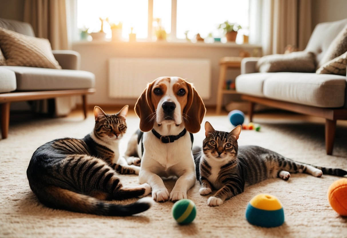 A beagle peacefully coexists with a group of cats, lounging together in a sunlit room with cozy furniture and toys scattered around