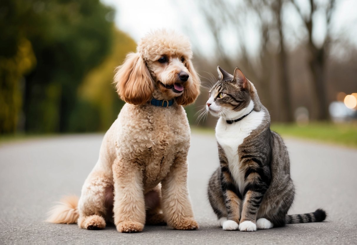 A poodle and a cat sitting peacefully next to each other, showing a friendly interaction between the two animals