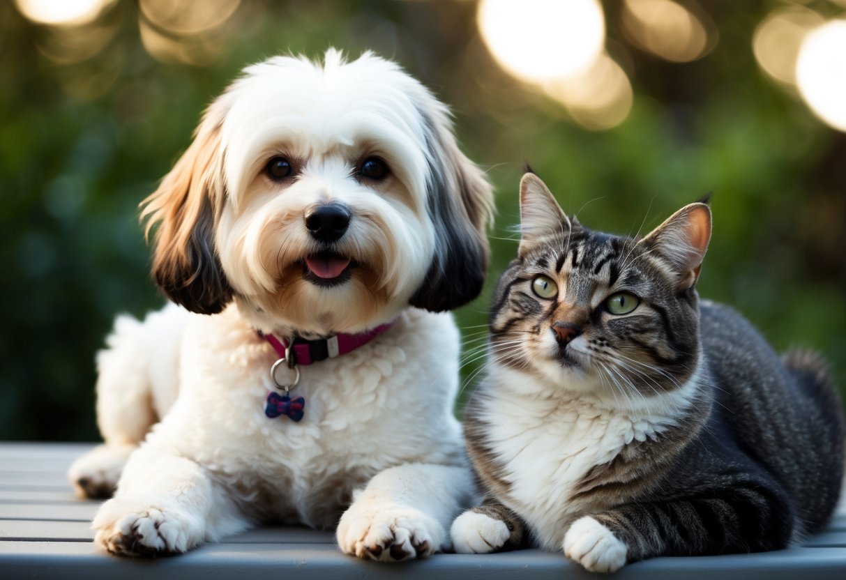 A Bichon Frise sits calmly next to a contented cat, both looking at the camera with relaxed expressions