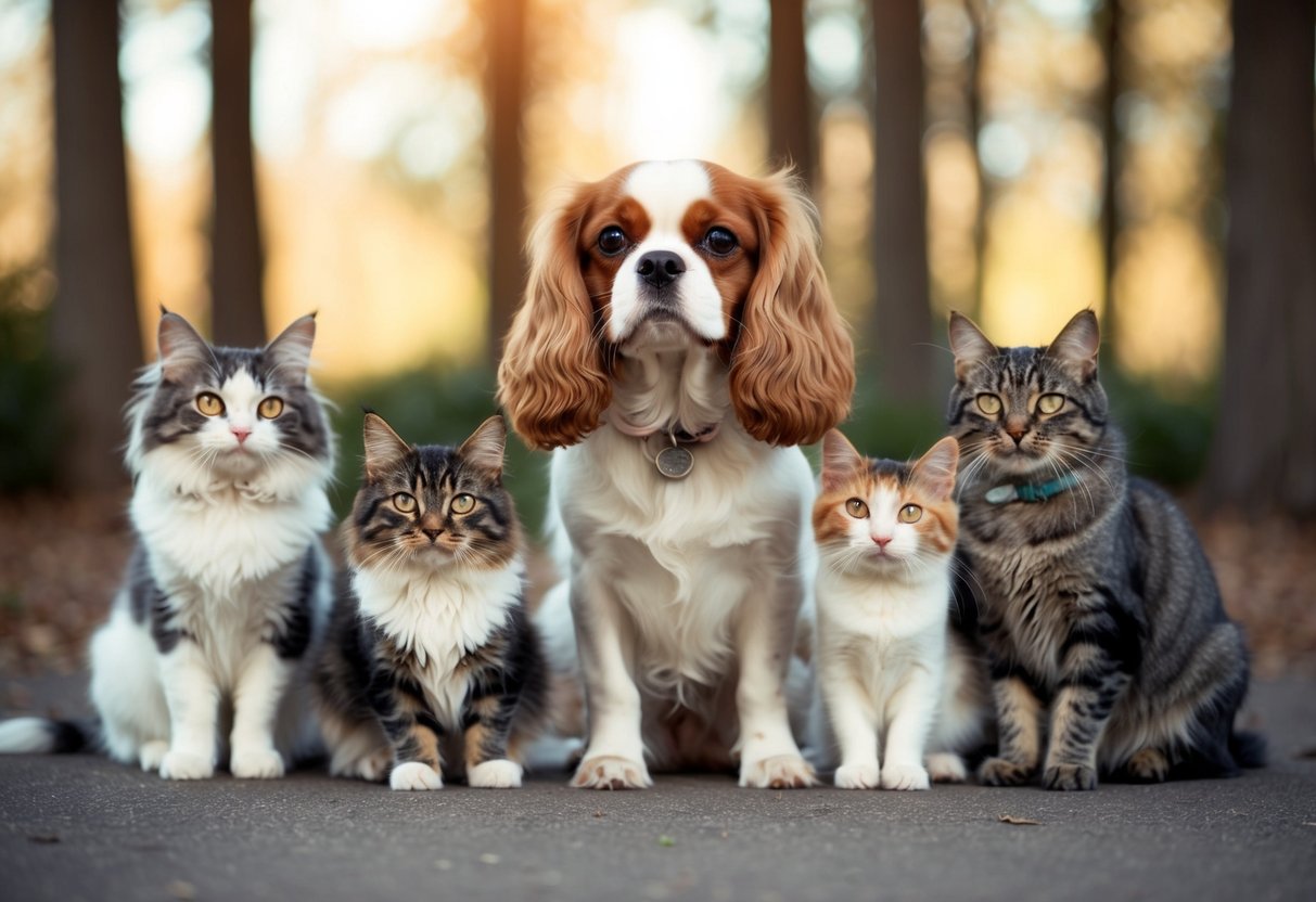 A Cavalier King Charles Spaniel peacefully coexisting with a group of cats, showing the compatibility of the breed with feline companions