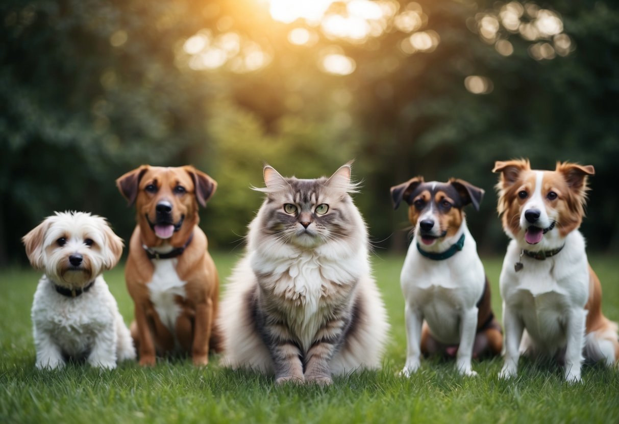A fluffy Ragdoll cat peacefully coexists with a group of various dog breeds, showcasing their compatibility and friendly nature