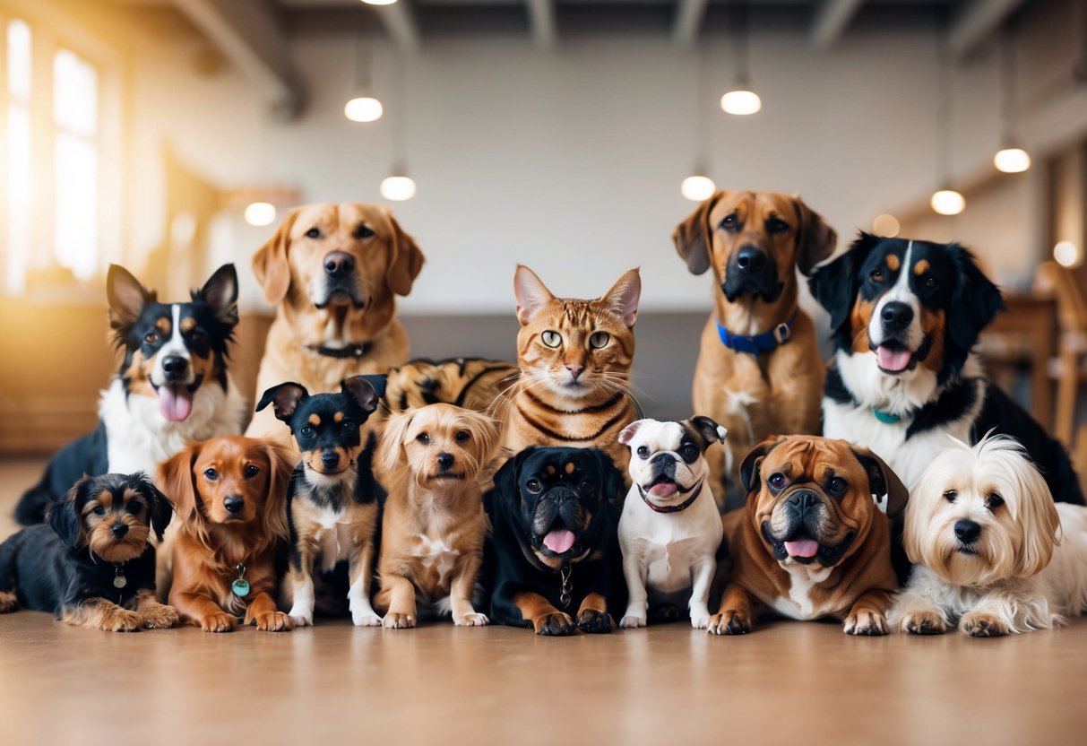 A Bengal cat peacefully lounging among a group of 20 different dog breeds, all coexisting harmoniously in the same space