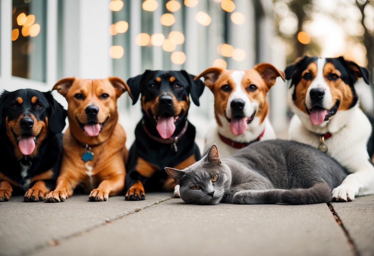 An American Shorthair cat peacefully lying next to a group of friendly dog breeds