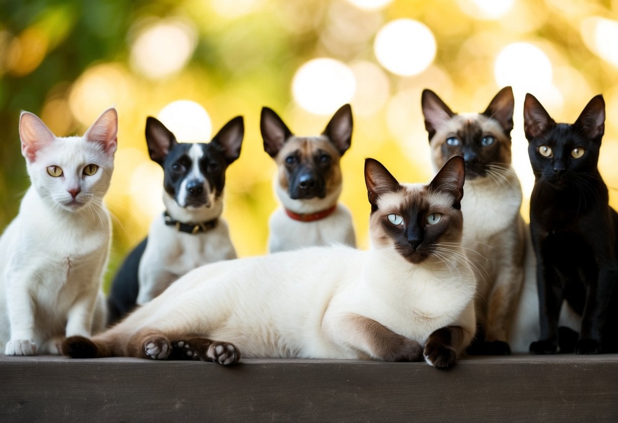 A Siamese cat peacefully lounges among a group of the 20 best dog breeds for cats, each displaying friendly and non-threatening body language
