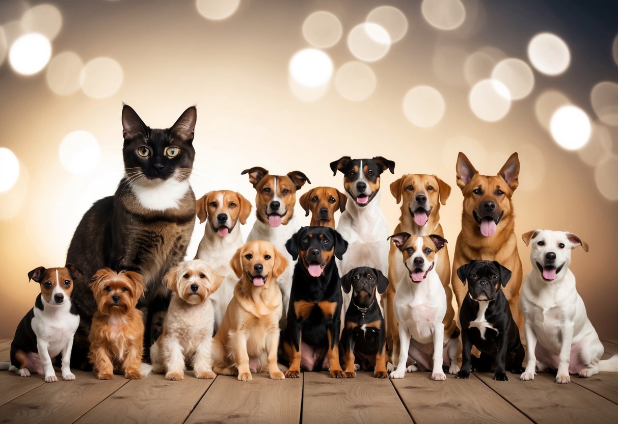 An Abyssinian cat peacefully coexists with a group of 20 different dog breeds, all gathered together in a harmonious and friendly manner