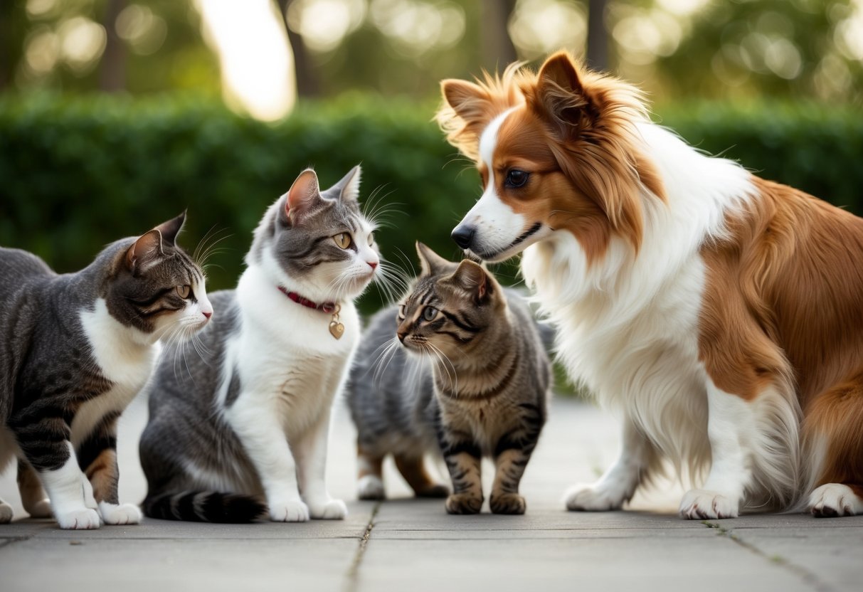 A Papillon dog calmly interacts with a group of cats, showing friendly and gentle behavior
