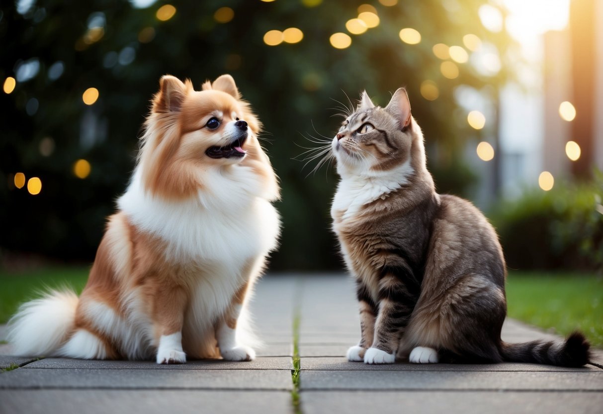 A Pomeranian and a cat sitting peacefully side by side, with the Pomeranian looking up at the cat with a friendly expression
