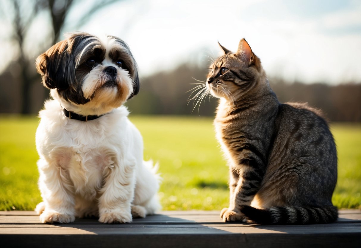 A Shih Tzu and a cat sitting side by side, looking at each other with curiosity and wagging its tail