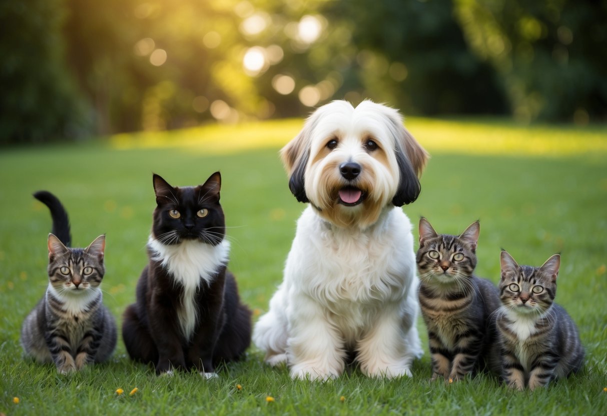 A Havanese dog peacefully coexists with a group of cats, displaying their friendly and sociable nature