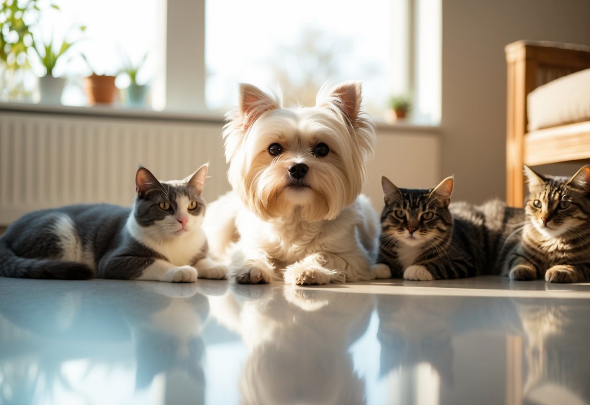 A Maltese dog peacefully coexisting with a group of cats, lounging together in a sunlit room
